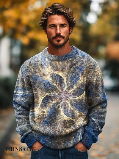 Men’s Trend Abstract Flower Art Spot Print Crewneck Sweater Color / S