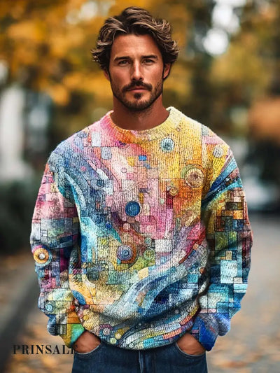 Men’s Trend Abstract Irregular Geometric Art Printed Knit Crew-Neck Sweater Flower Color / S