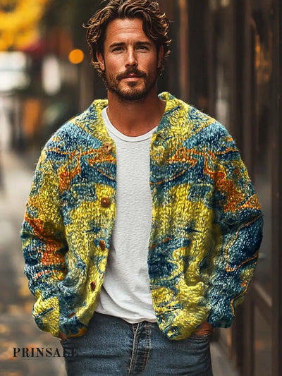 Men’s Trend Abstract Texture Art Print Long-Sleeved Sweater Cardigan Flower Color / S