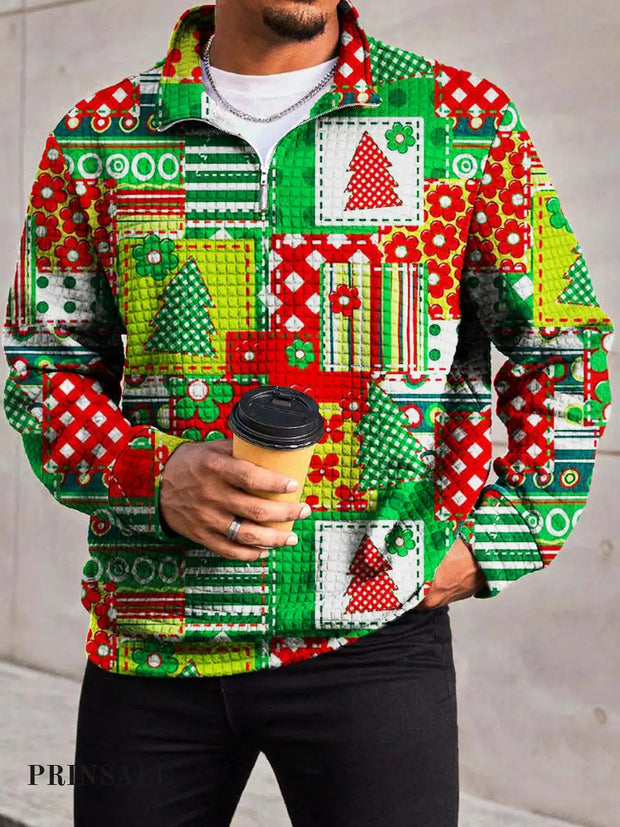 Men’s Trend Christmas Elements Patchwork Print Waffle Check Zipper Front Collar Hoodie Flower