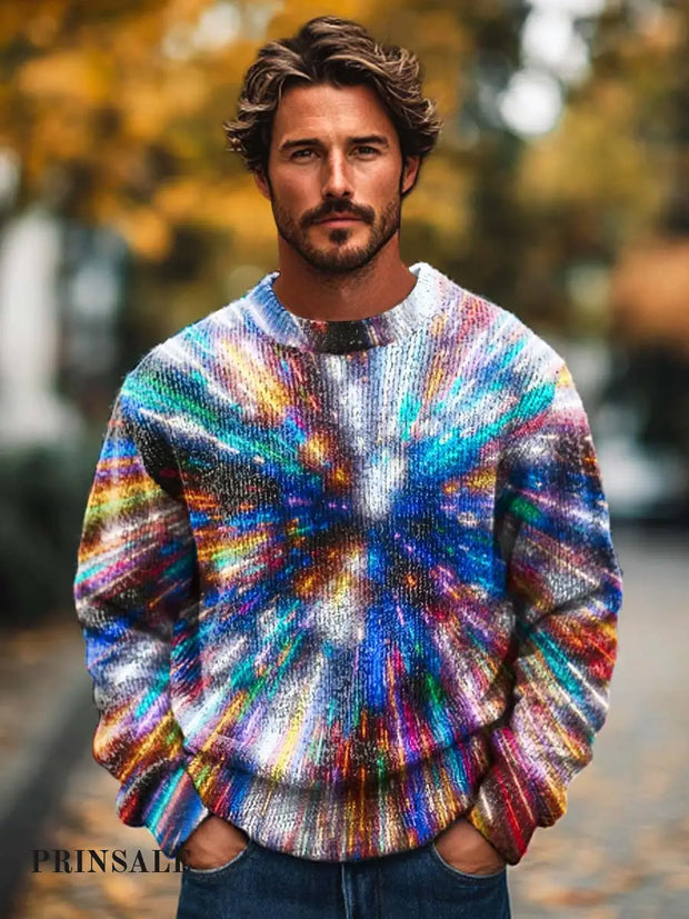 Men’s Trendy And Cool Colorful Fireworks Printed Knitted Long Sleeved Round Neck Sweater Flower