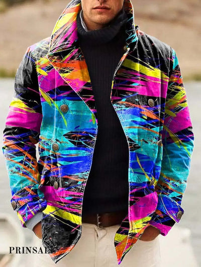 Men’s Trendy And Versatile Fashion Digitally Printed Casual Double-Breasted Jacket Flower Color / S