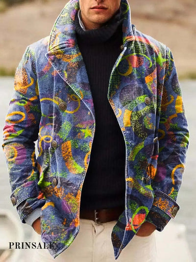 Men’s Trendy And Versatile Fashion Print Double-Breasted Jacket Flower Color / S