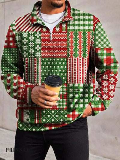 Men’s Trendy Checkered Christmas Pattern Printed Waffle Zipper Collar Long Sleeved Hoodie Flower