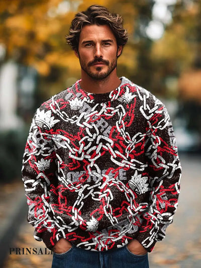 Men’s Trendy Cool Chain-Print Crewneck Sweater Flower Color / S