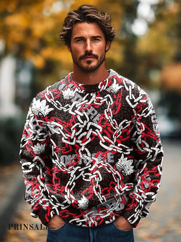 Men’s Trendy Cool Chain-Print Crewneck Sweater Flower Color / S