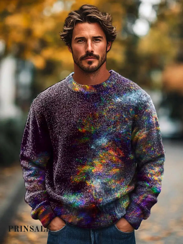 Men’s Trendy Crewneck Sweater With Colorful Textured Art Print Flower Color / S