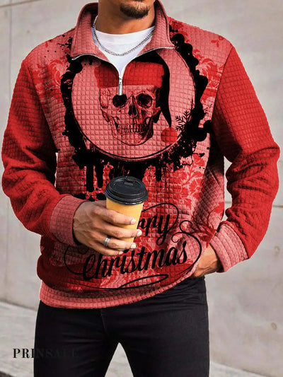 Men’s Trendy Festival Skull Christmas Hat Printed Waffle Zipper Collar Long Sleeve Hoodie Flower