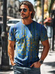 Men’s Vintage Abstract Blue Stripe Geometric Art Print Casual T-Shirt