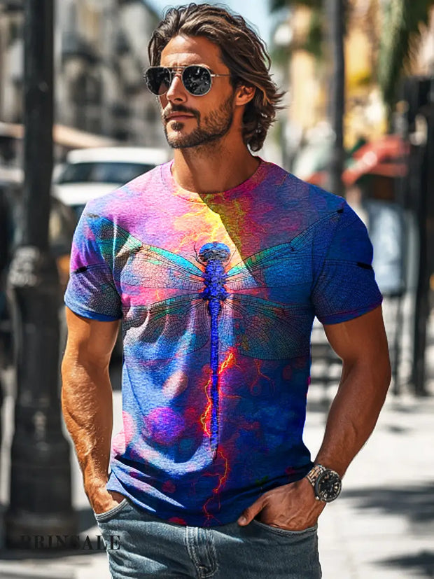Men’s Vintage Abstract Dragonfly Art Print Casual Short Sleeve T-Shirt
