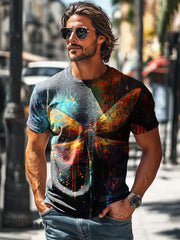 Men’s Vintage Abstract Dragonfly Ink Art Print Casual Short Sleeve T-Shirt