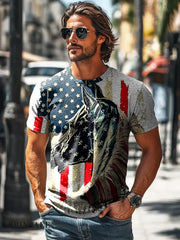 Men’s Vintage Abstract Horse Star Stripe Painting Print Casual T-Shirt