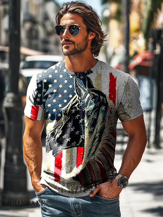 Men’s Vintage Abstract Horse Star Stripe Painting Print Casual T-Shirt