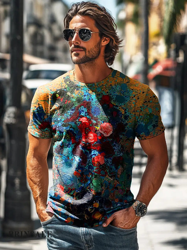 Men’s Vintage Abstract Ink Floral Art Print Casual T-Shirt