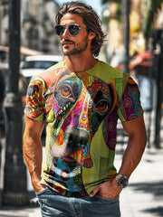 Men’s Vintage Abstract Puppy Painting Art Print Round Neck Short Sleeve T-Shirt