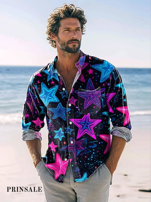 Men’s Vintage Abstract Star Print Casual Hawaiian Shirt