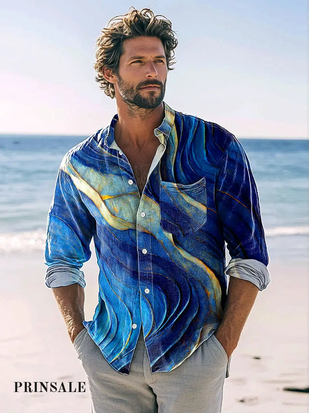 Men’s Vintage Blue Line Textured Print Hawaiian Shirt