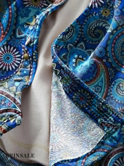 Men’s Vintage Blue Paisley Floral Art Print Soft Lapel Long Sleeve Pocket Shirt