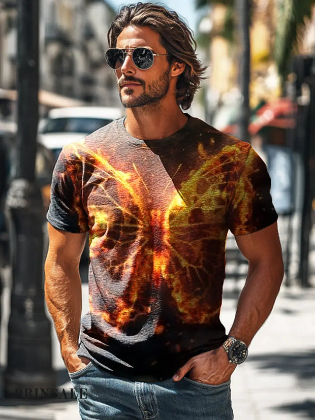 Men’s Vintage Burning Butterfly Art Print Casual Short Sleeve T-Shirt