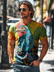 Men’s Vintage Easter Rooster Painted Print Casual T-Shirt