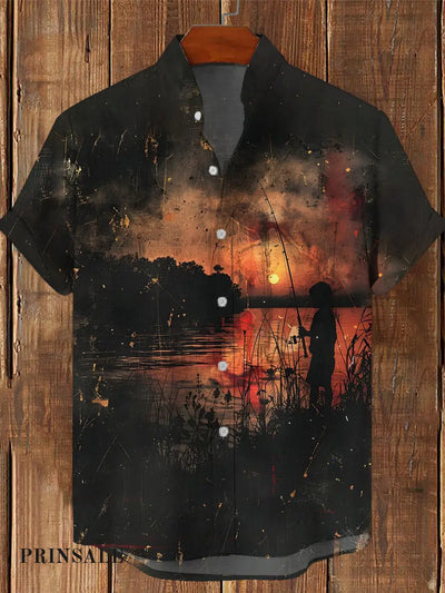 Men’s Vintage Gothic Digital Art Abstract Print Casual Cotton Short Sleeve Shirt Black / S