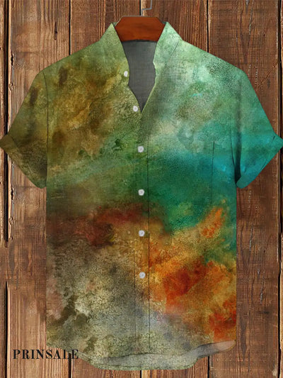 Men’s Vintage Gothic Gradient Green Ripple Print Casual Cotton Short Sleeve Shirt As Picture / S