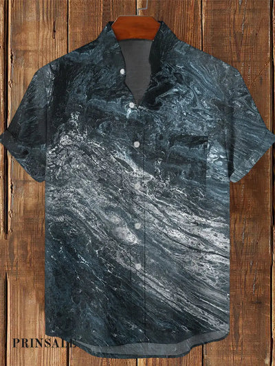 Men’s Vintage Gothic Gradient Ripple Print Casual Cotton Short Sleeve Shirt Blue / S