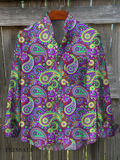 Men’s Vintage Hippie Perris Flower Abstract Print Casual Cotton Pocket Long Sleeve Shirt Purple / S