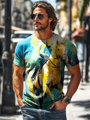 Men’s Vintage Horse Riding Painting Printed Casual T-Shirt