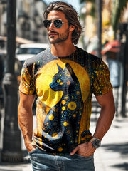 Men’s Vintage Moon Cat Art Print Casual Short Sleeve T-Shirt