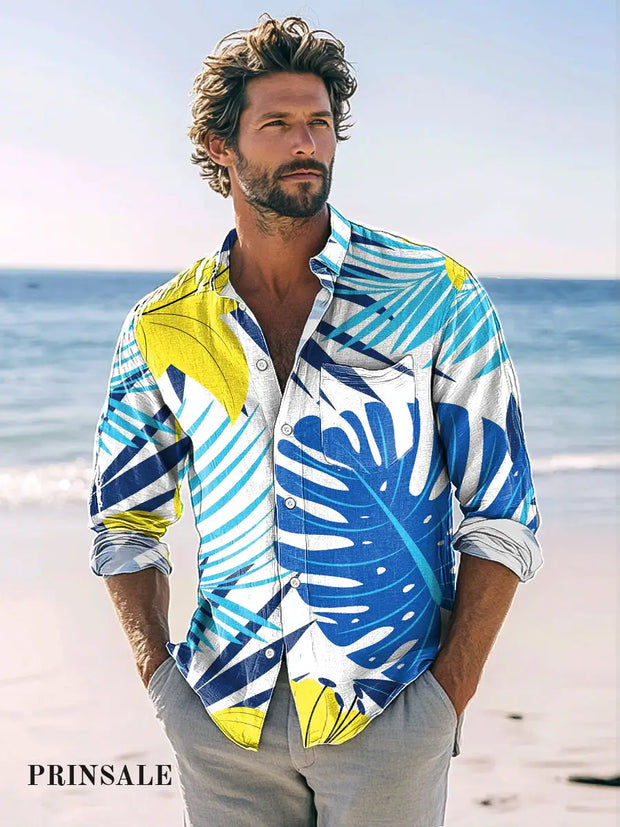 Men’s Vintage Palm Leaf Print Casual Hawaiian Shirt