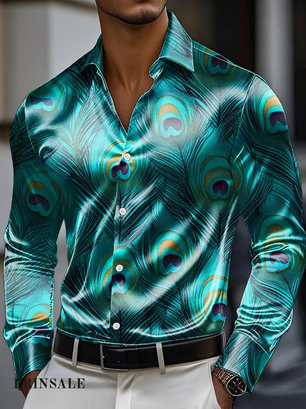 Men’s Vintage Peacock Feather Art Print Premium Satin Long Sleeve Shirt