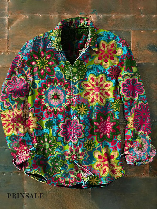 Men’s Vintage Psychedelic Hippie Art Print Casual Long Sleeve Shirt Green / S