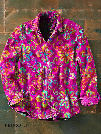 Men’s Vintage Psychedelic Hippie Art Print Casual Long Sleeve Shirt Pink / S