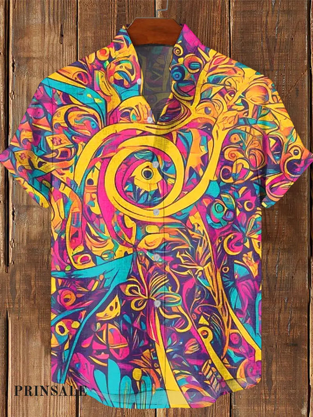 Men’s Vintage Psychedelic Hippie Art Printed Casual Cotton Short Sleeve Shirt As Picture / S