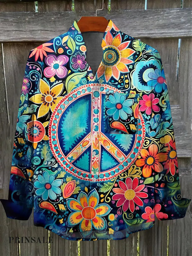 Men’s Vintage Psychedelic Hippie Peace Art Print Pocket Long Sleeve Cotton Linen Shirt Blue / S