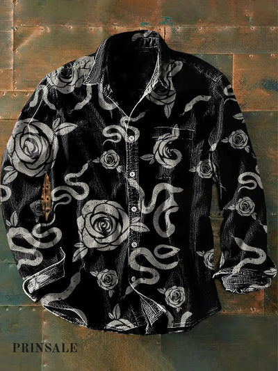 Men’s Vintage Punk Dark Rose Snake Art Print Casual Long Sleeve Shirt Black / S