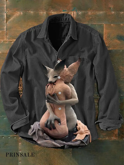 Men’s Vintage Punk Fox Statue Humanity Art Print Casual Long Sleeve Shirt Gray / S