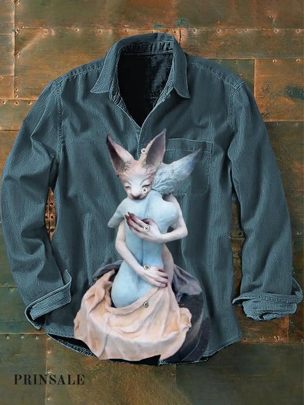 Men’s Vintage Punk Fox Statue Humanity Print Casual Long Sleeve Shirt Blue / S