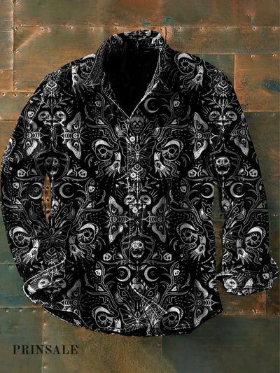 Men’s Vintage Punk Gothic Butterfly Flower Art Print Casual Long Sleeve Shirt Black / S