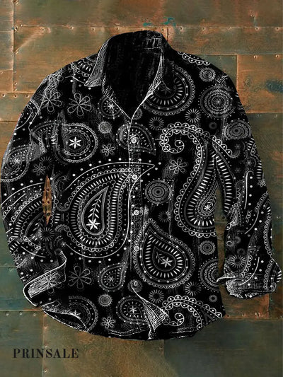 Men’s Vintage Punk Hippie Floral Art Print Casual Long Sleeve Shirt Black / S