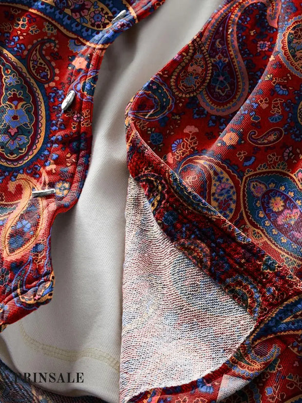 Men’s Vintage Red Paisley Floral Art Print Soft Lapel Pocket Shirt