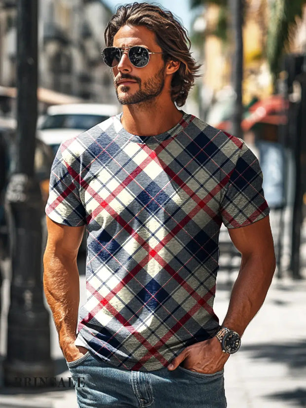 Men’s Vintage Striped Plaid Art Print Casual T-Shirt