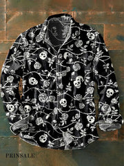 Men’s Vintage Western Rose Skull Art Print Lapel Long Sleeve Pocket Shirt Black / S