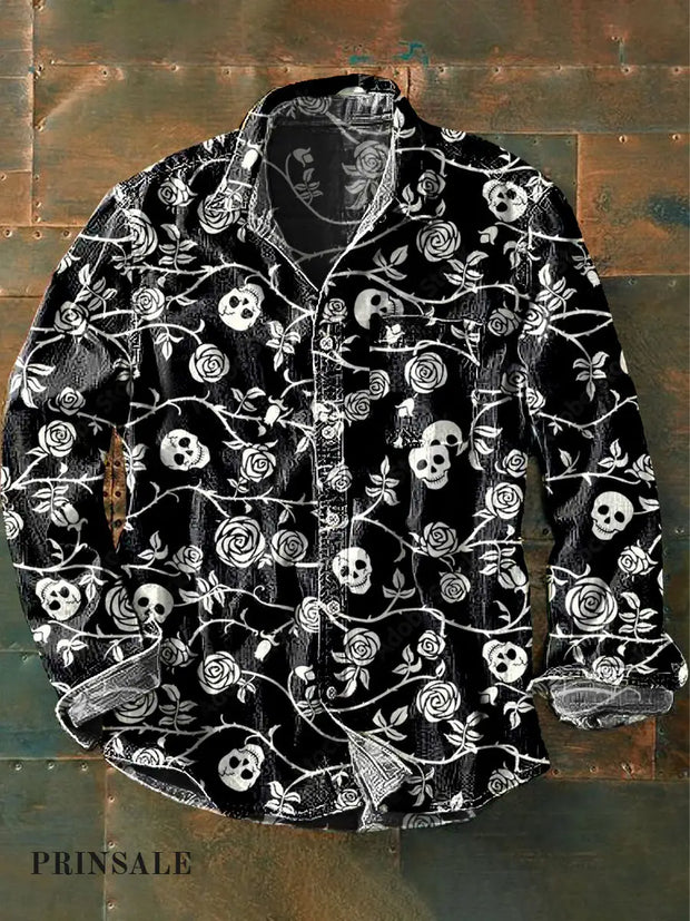 Men’s Vintage Western Rose Skull Art Print Lapel Long Sleeve Pocket Shirt Black / S