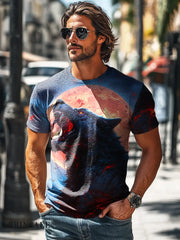 Men’s Vintage Wolf & Moon Art Print Round Neck Short Sleeve T-Shirt