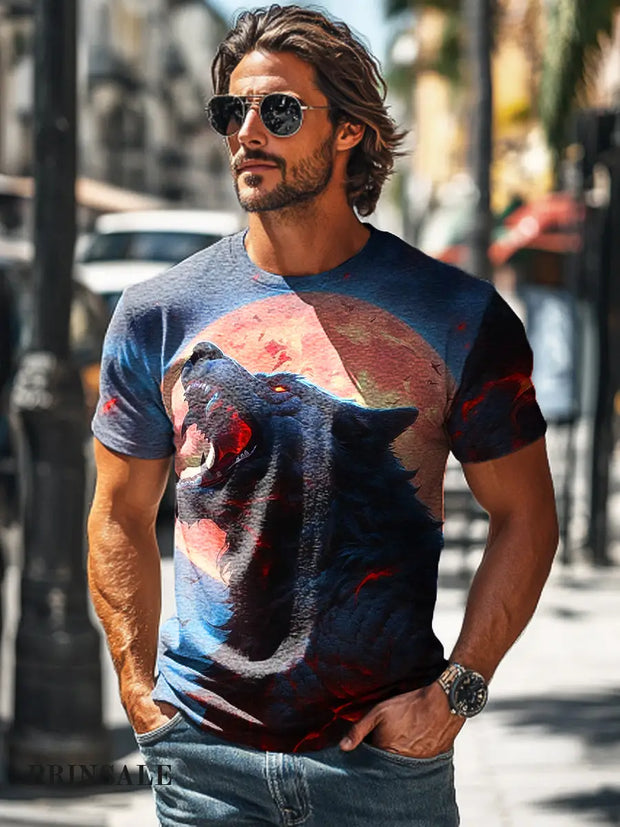 Men’s Vintage Wolf & Moon Art Print Round Neck Short Sleeve T-Shirt