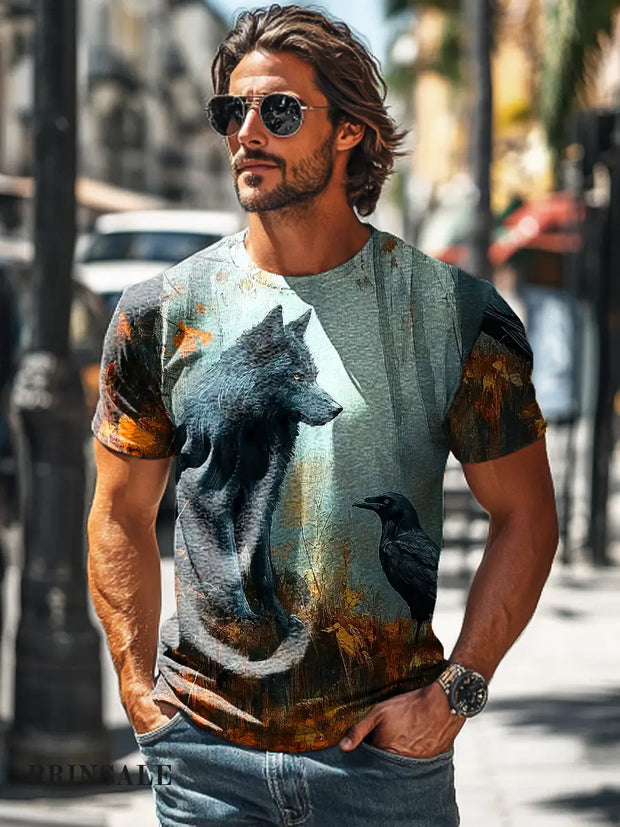 Men’s Vintage Wolf & Raven Art Print Round Neck Short Sleeve T-Shirt