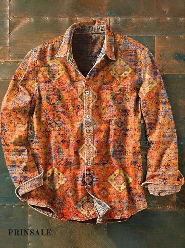 Men’s Western Style Printed Casual Lapel Long Sleeve Shirt As Picture / S