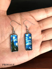 Oil Painting Rectangle Pendant Earrings Acc